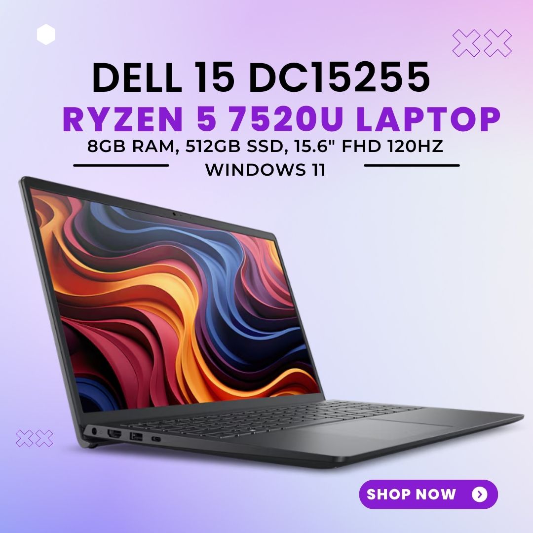 Dell 15 DC15255 Ryzen 5 7520U 8GB RAM 512GB SSD 15.6 FHD 120Hz Laptop Carbon Black Dell 15 DC15255 Ryzen 5 7520U 8GB RAM 512GB SSD 15.6 FHD 120Hz Laptop Carbon Black